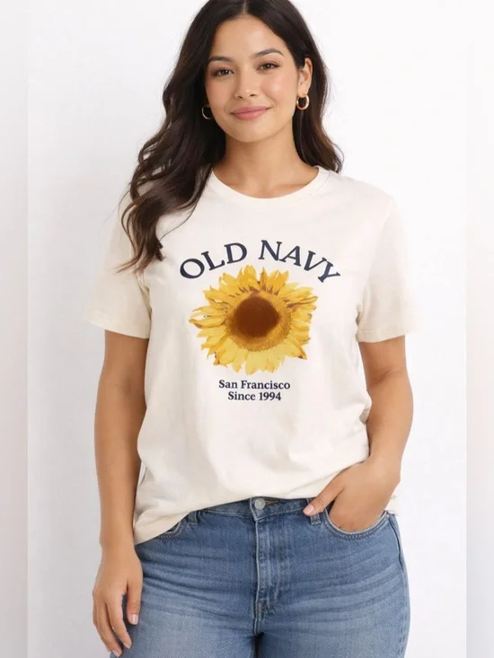 Old Navy Sunflower Graphic Tee Large Cream Yellow Floral San Francisco 1994 - Picture 2 of 8